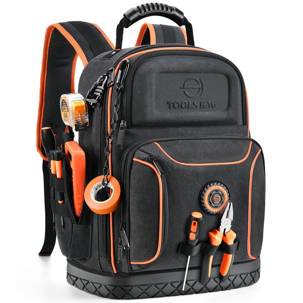 Custom tool bag backpack, black tool backpack with molded base, hand tools in the front and side pockets and a tape measure clipped to the side